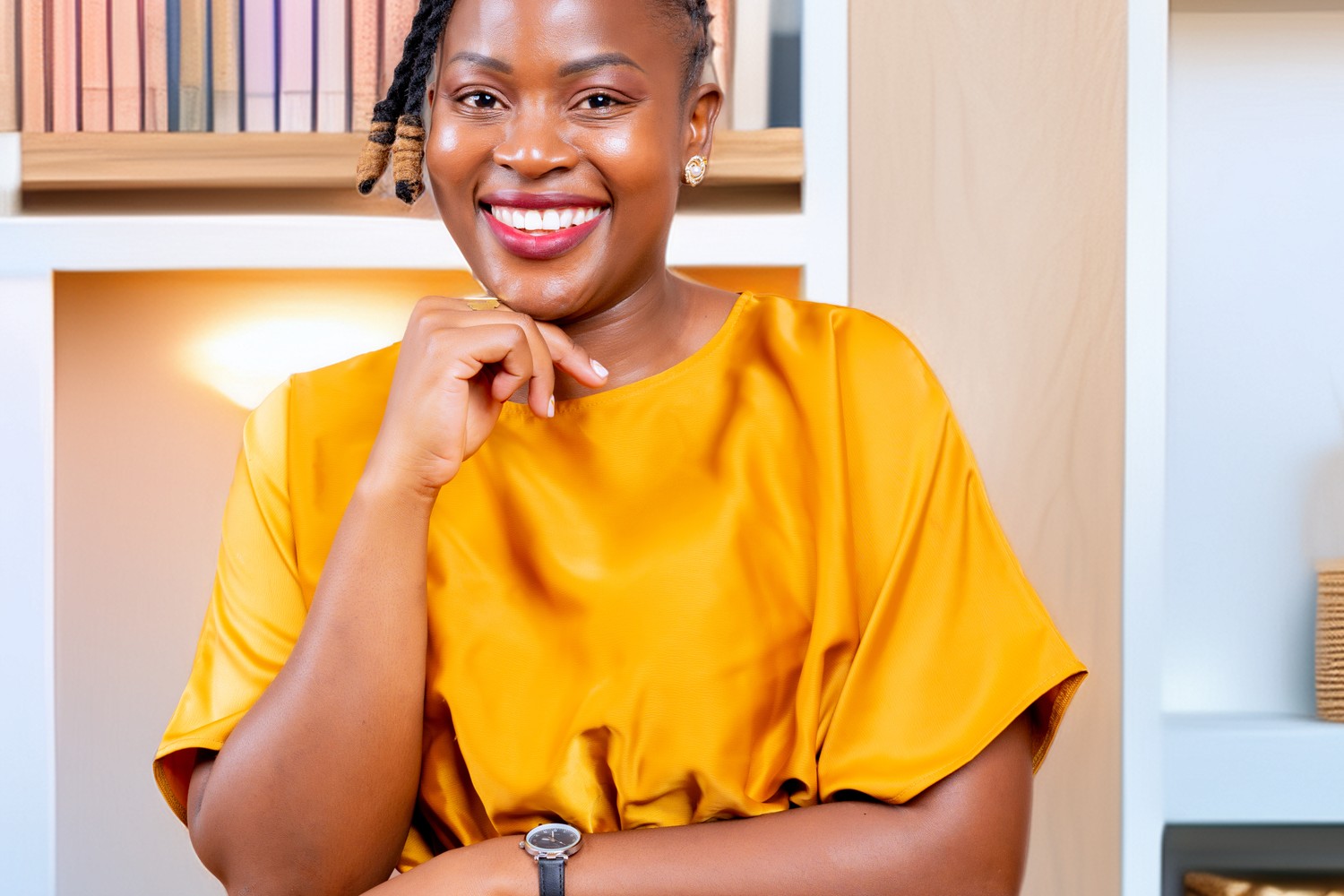 Getty Nasike smiling, seated beside a bookshelf
